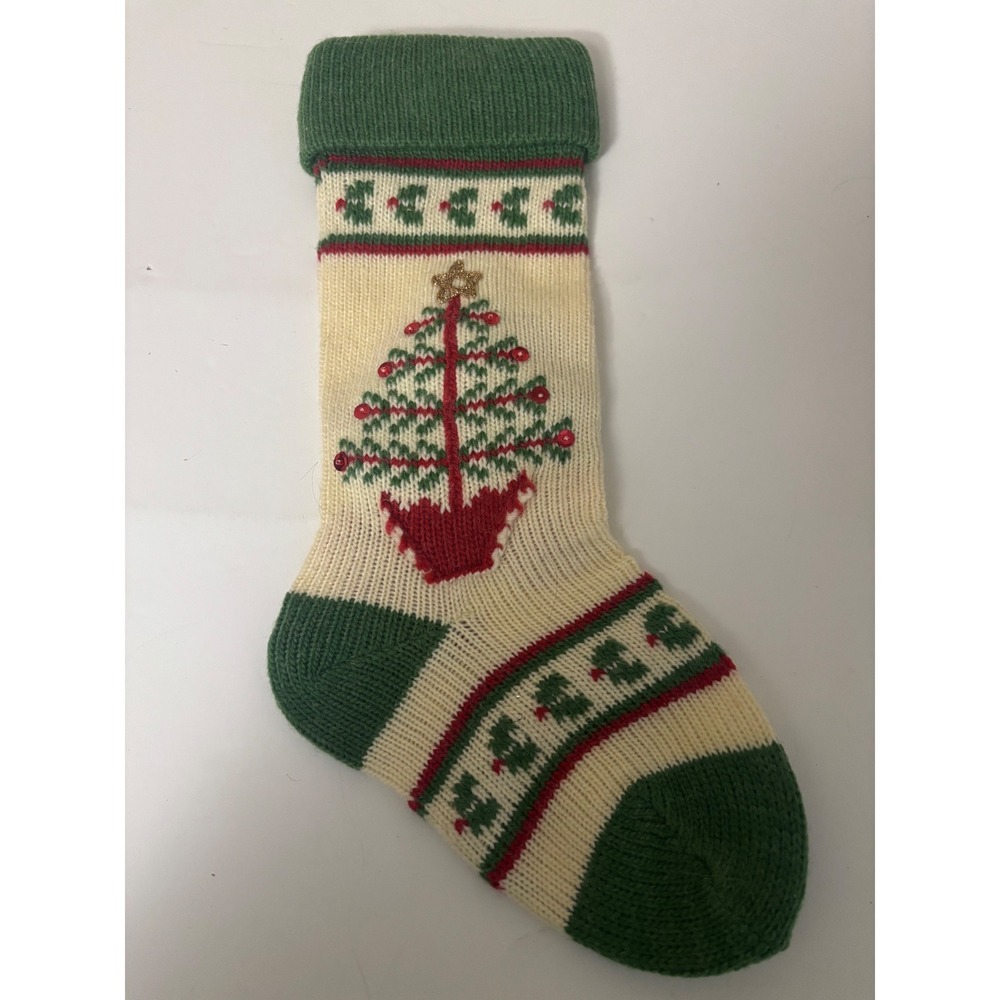 Vintage Knit Christmas Stocking Tree Sequin Gold Star Green Red Cream 19 inch